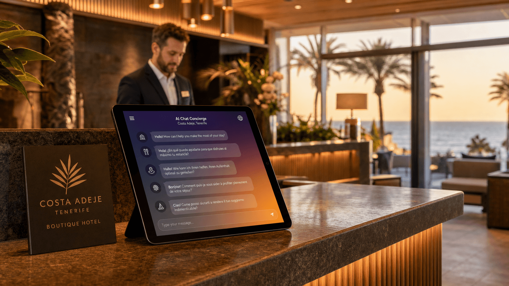 Recepción de hotel con inteligencia artificial en Costa Adeje, Tenerife