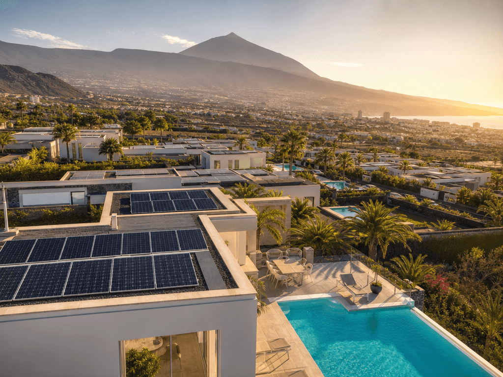 Tejado con placas solares en una vivienda de Tenerife con el Teide al fondo