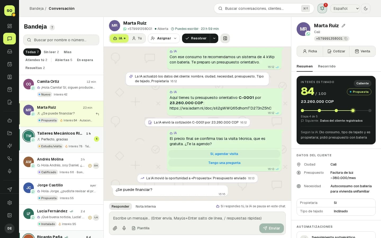 Bandeja de wa.iadam.nl con conversaciones de WhatsApp e Instagram