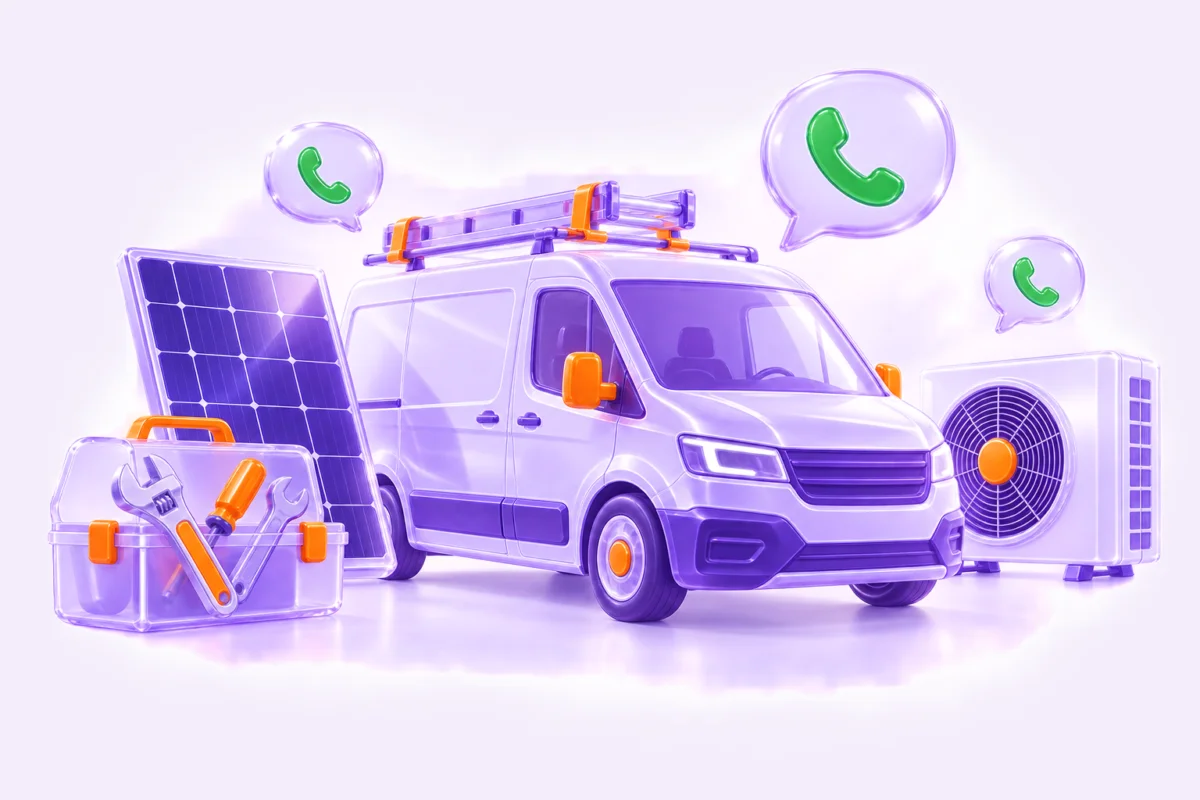 Ilustración de furgoneta de instalador con herramientas y mensajes de WhatsApp