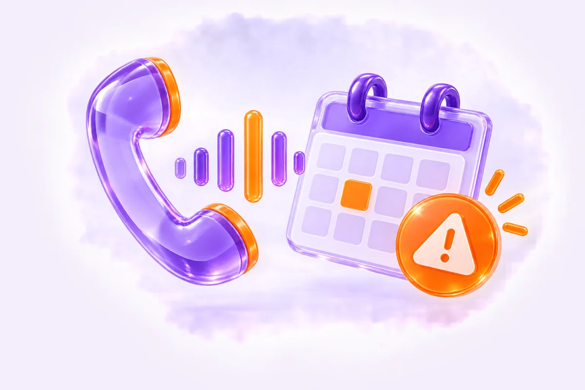 Ilustración de teléfono con ondas de voz, calendario y aviso de urgencia