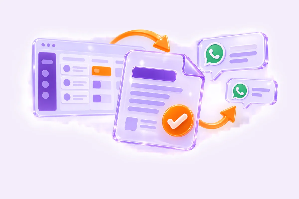 Ilustración de presupuesto con check, CRM y mensajes de WhatsApp